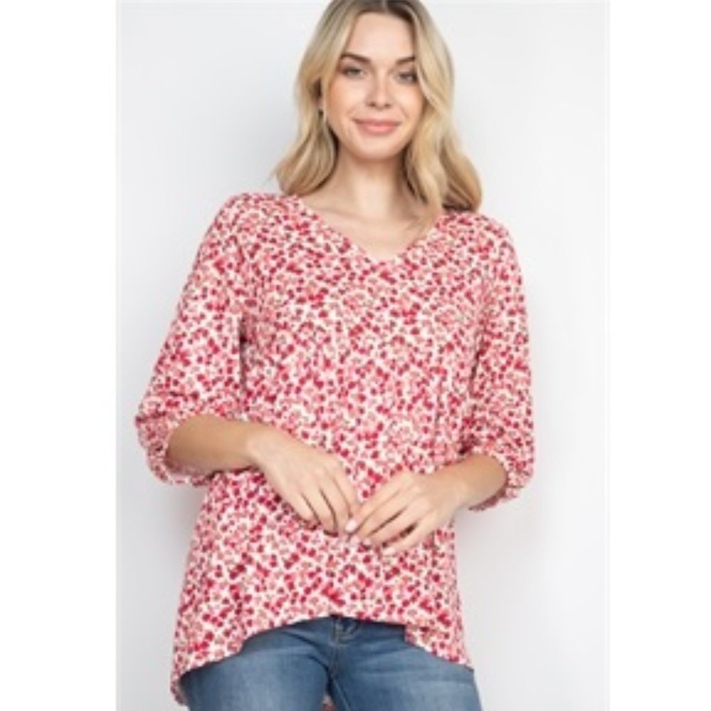 Puff 3/4 Sleeve Floral Hi Low Top